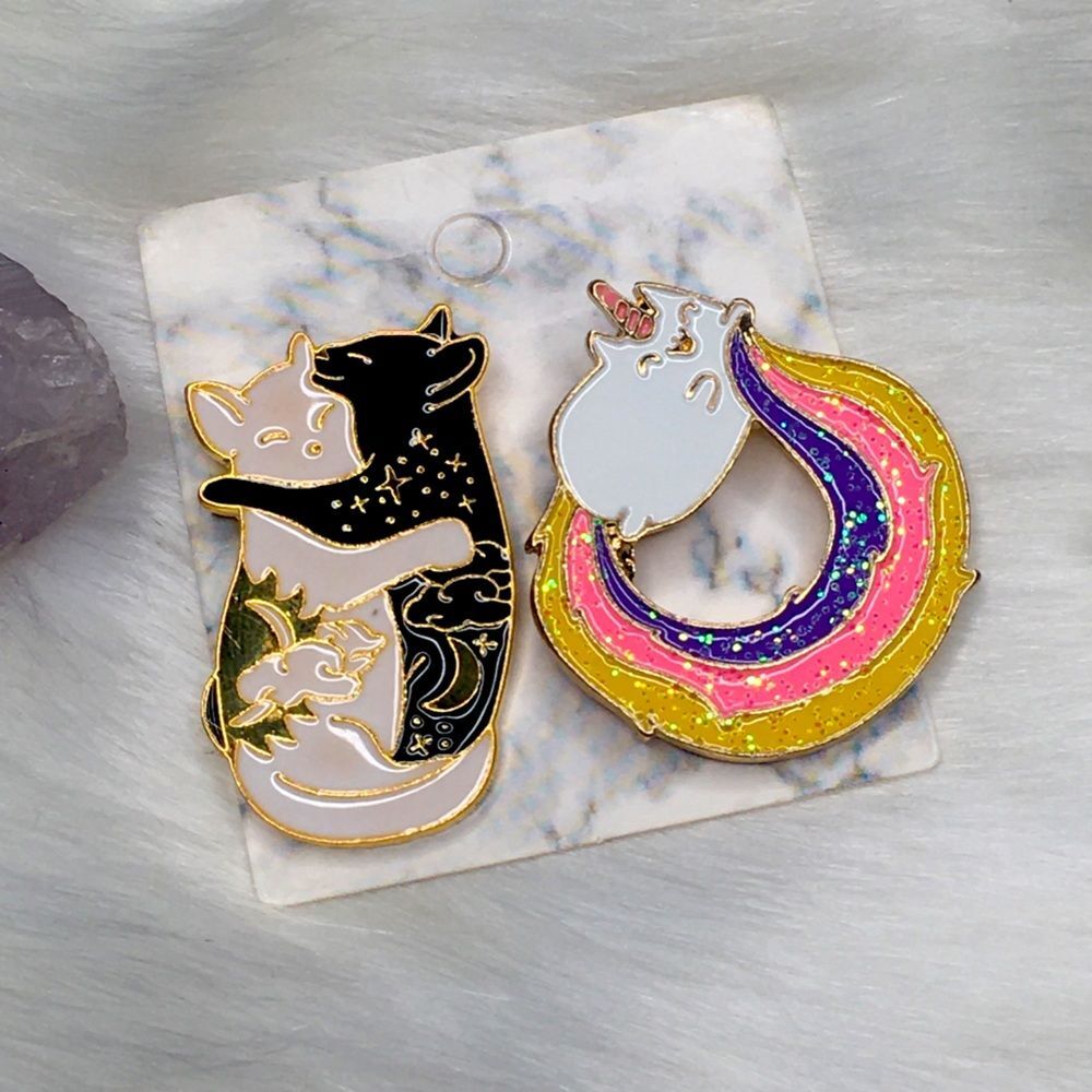 Rainbow Tail Unicorn Cat & White Sun Black Moon Kitty Hug Enamel Pin Set